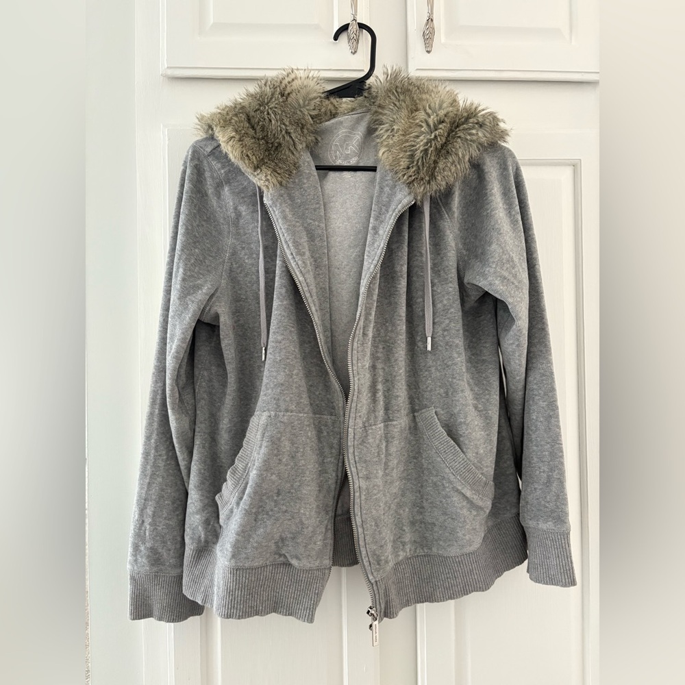 Michael Kors Gray Teddy Jacket with Faux Fur Hood Pre-Owned